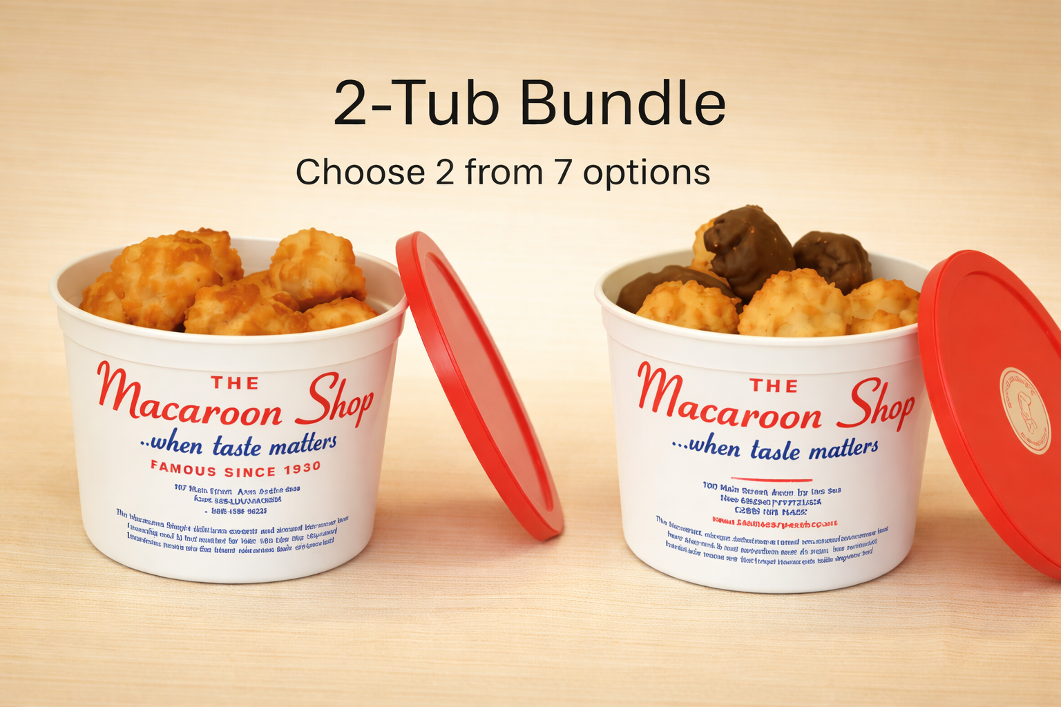 Two tubs from The Macaroon Shop with red lids on a beige background